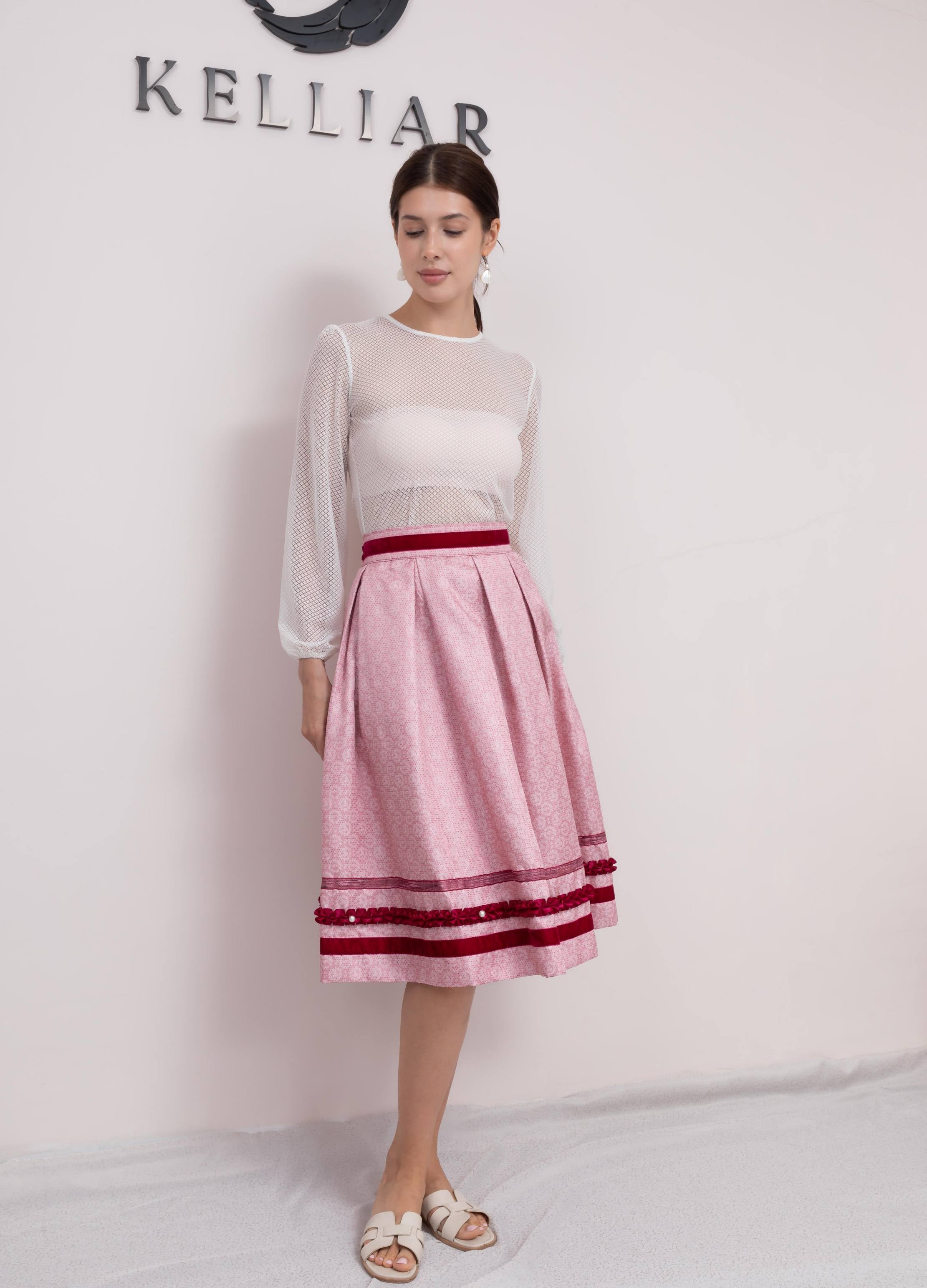Kelliar Trachtenrock Damen, Trachtenrock Damen Knielang Polyester Rosa z Trachtenröcke Damen, Größe36-44(25KS52)