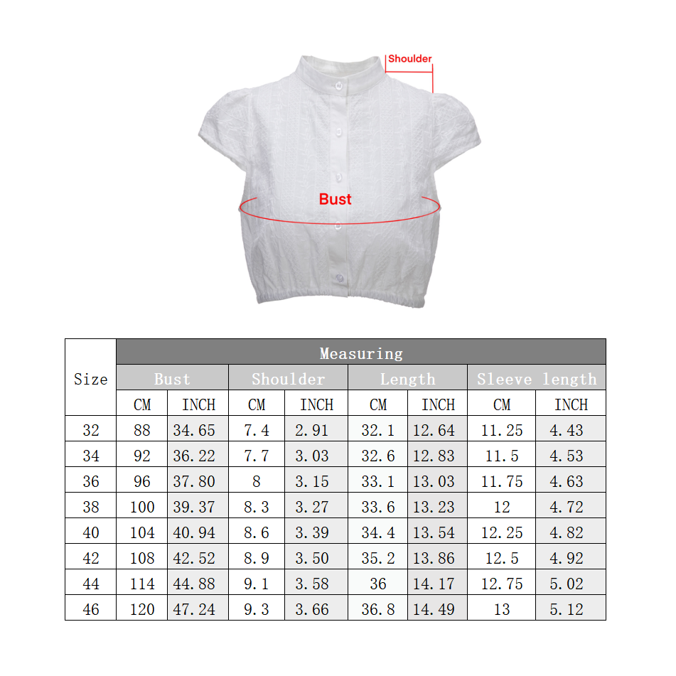 Damen Baumwolle Dirndlblusen Kurzarm Trachtenbluse Weiß 32-46(20JB011)