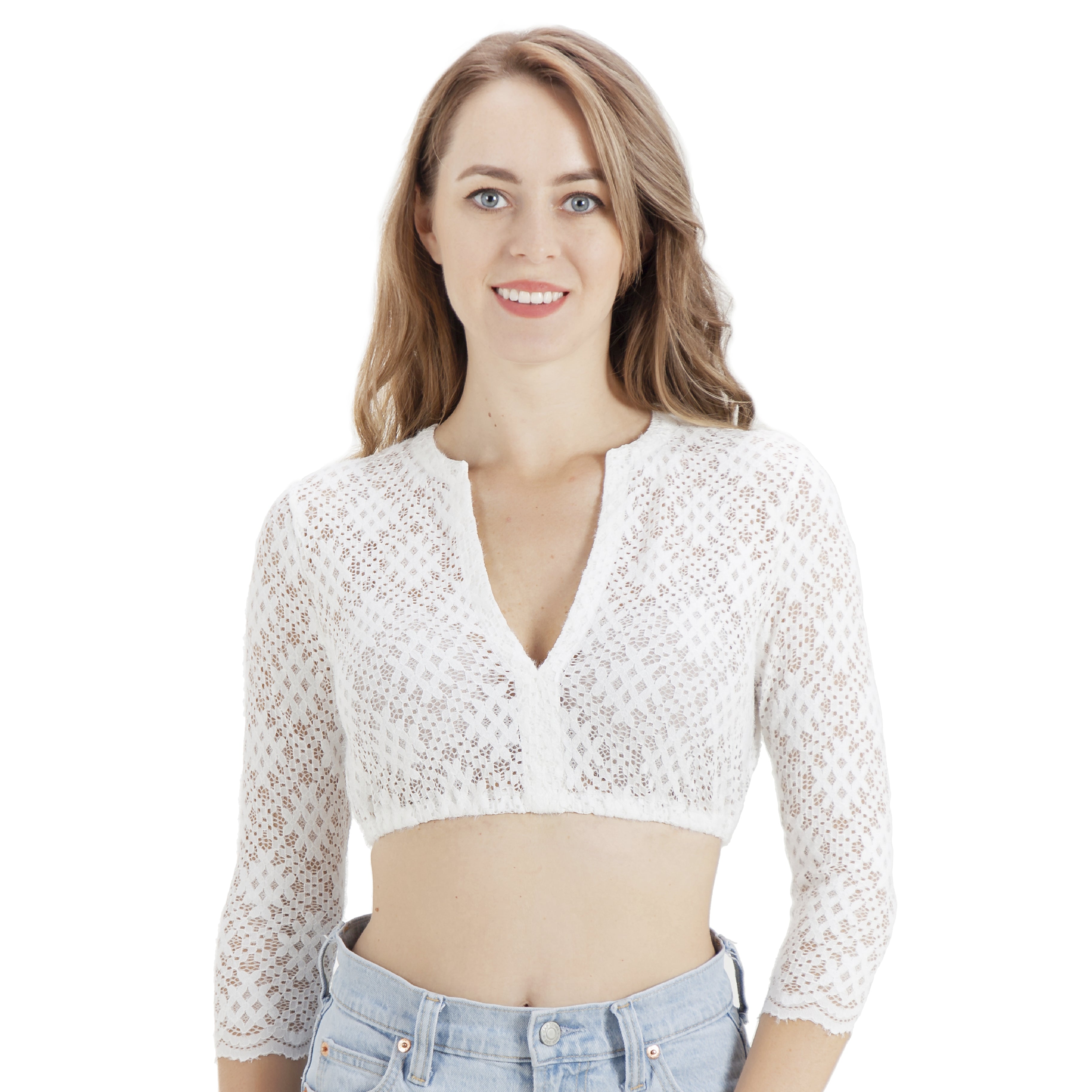 Damen V-Ausschnitt Trachtenbluse Langarm Spitzebluse Weiß 32-46(21JB58)