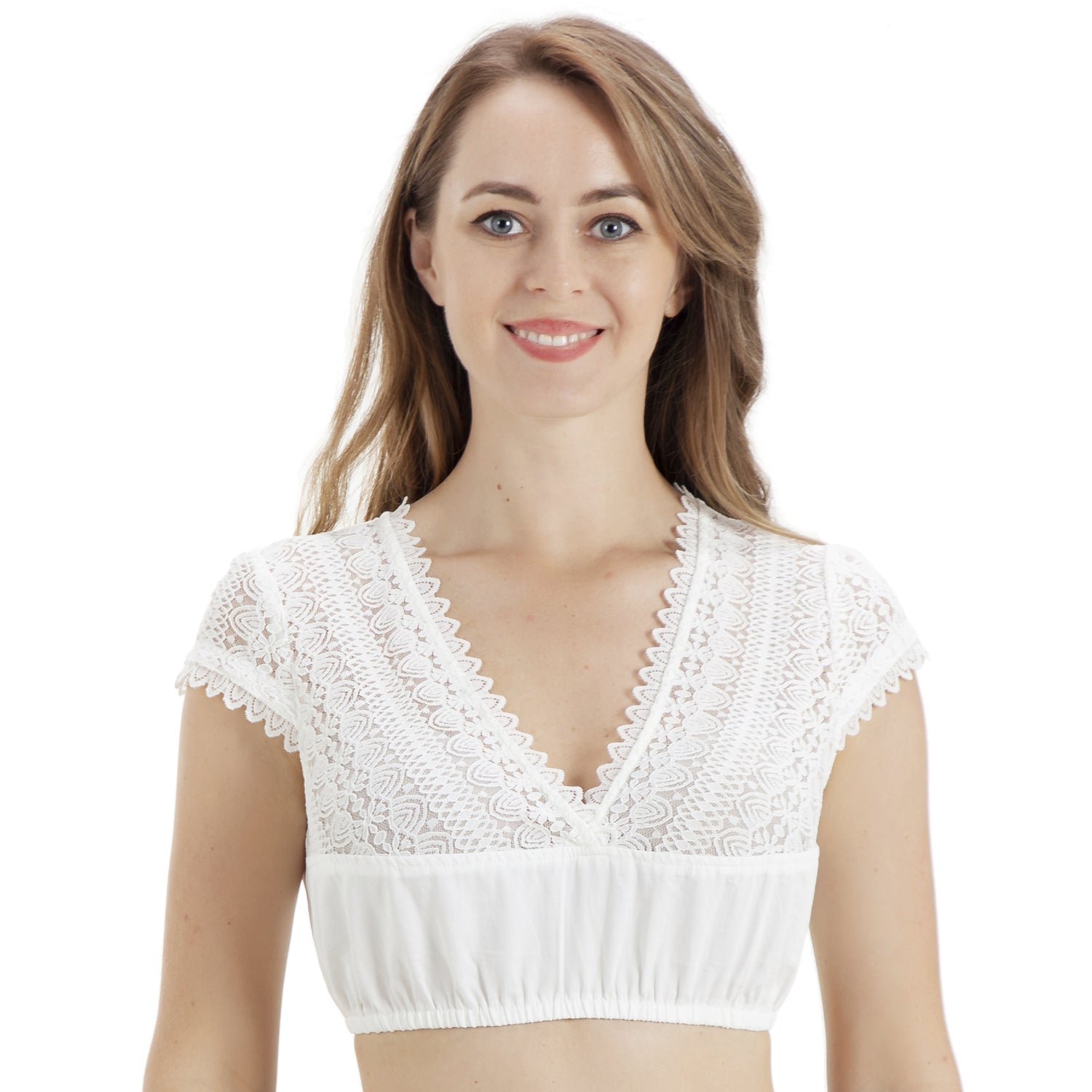 Damen V-Ausschnitt Dirndlbluse Schön Trachtenbluse Weiß 32-46(21JB28)