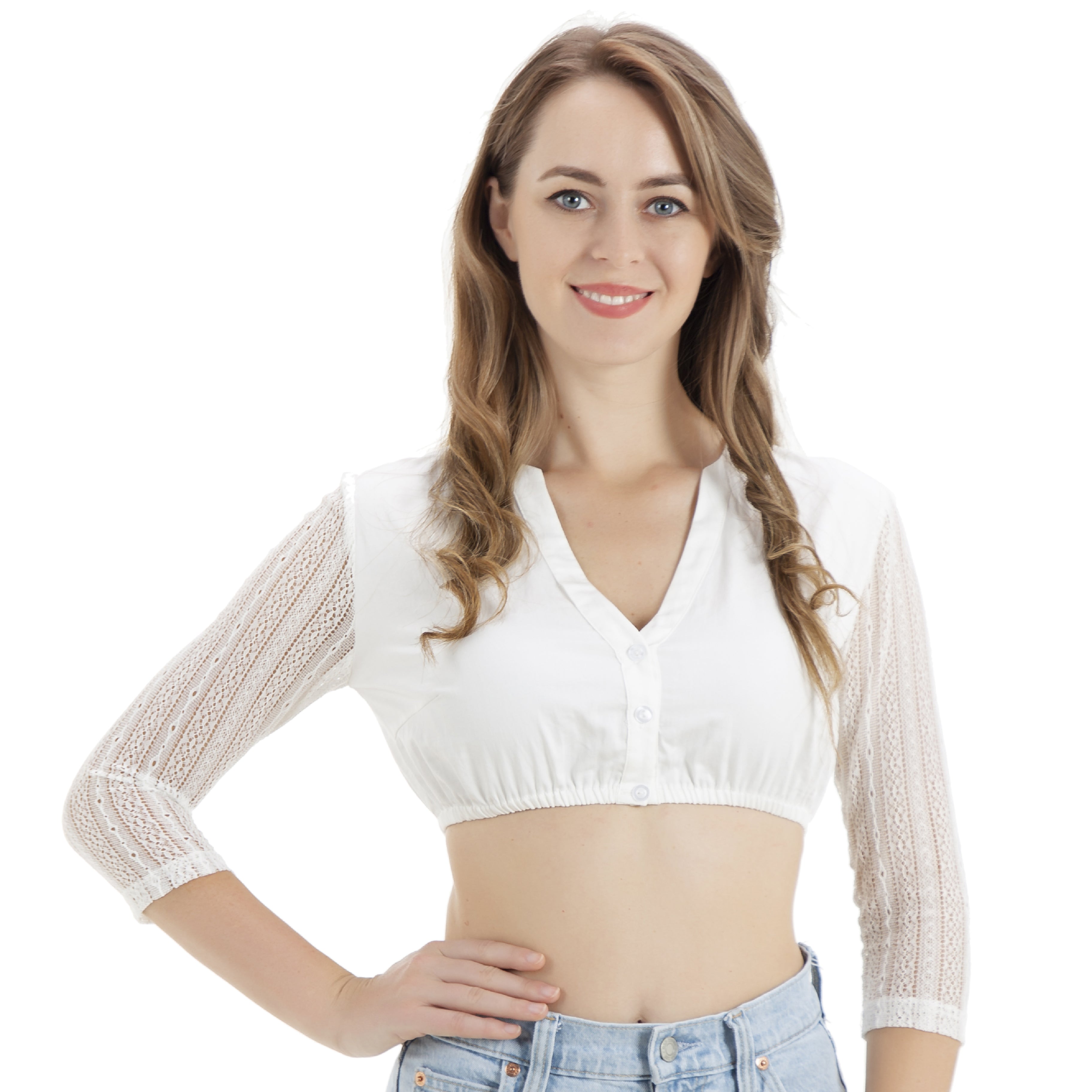 Damen Dirndlbluse mit Spitze chön Trachtenbluse Weiß 32-46(21JB77)