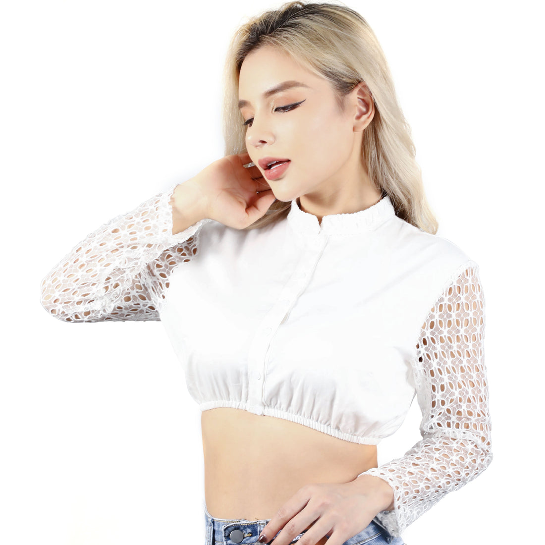 Damen Elegante Langarm Spitze Dirndlbluse Weiß 34-44(21JB62)