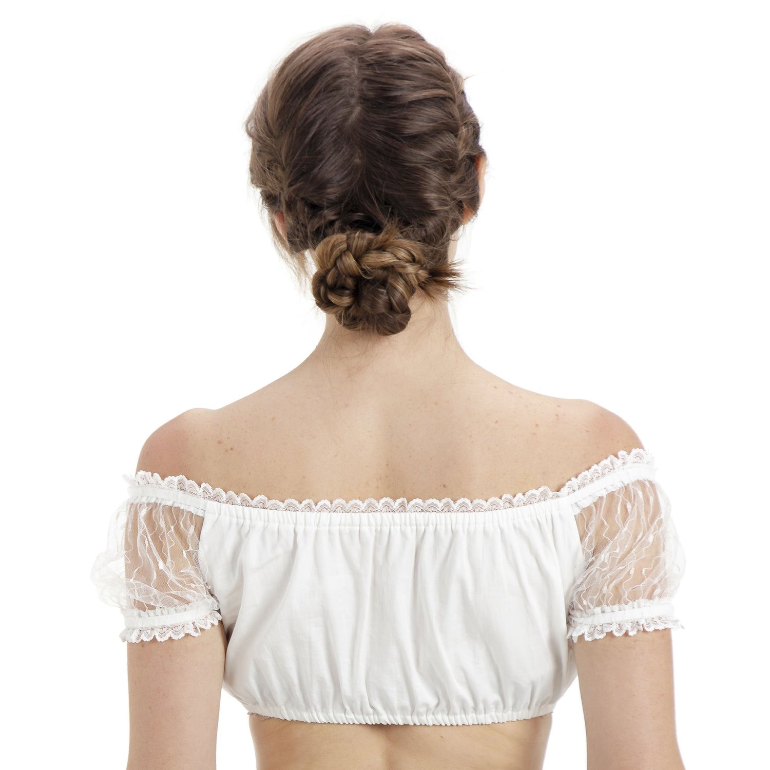Damen Schulterfrei Dirndlbluse Kurzarm Spitzenbesatz Weiß 34-44(22JB83)