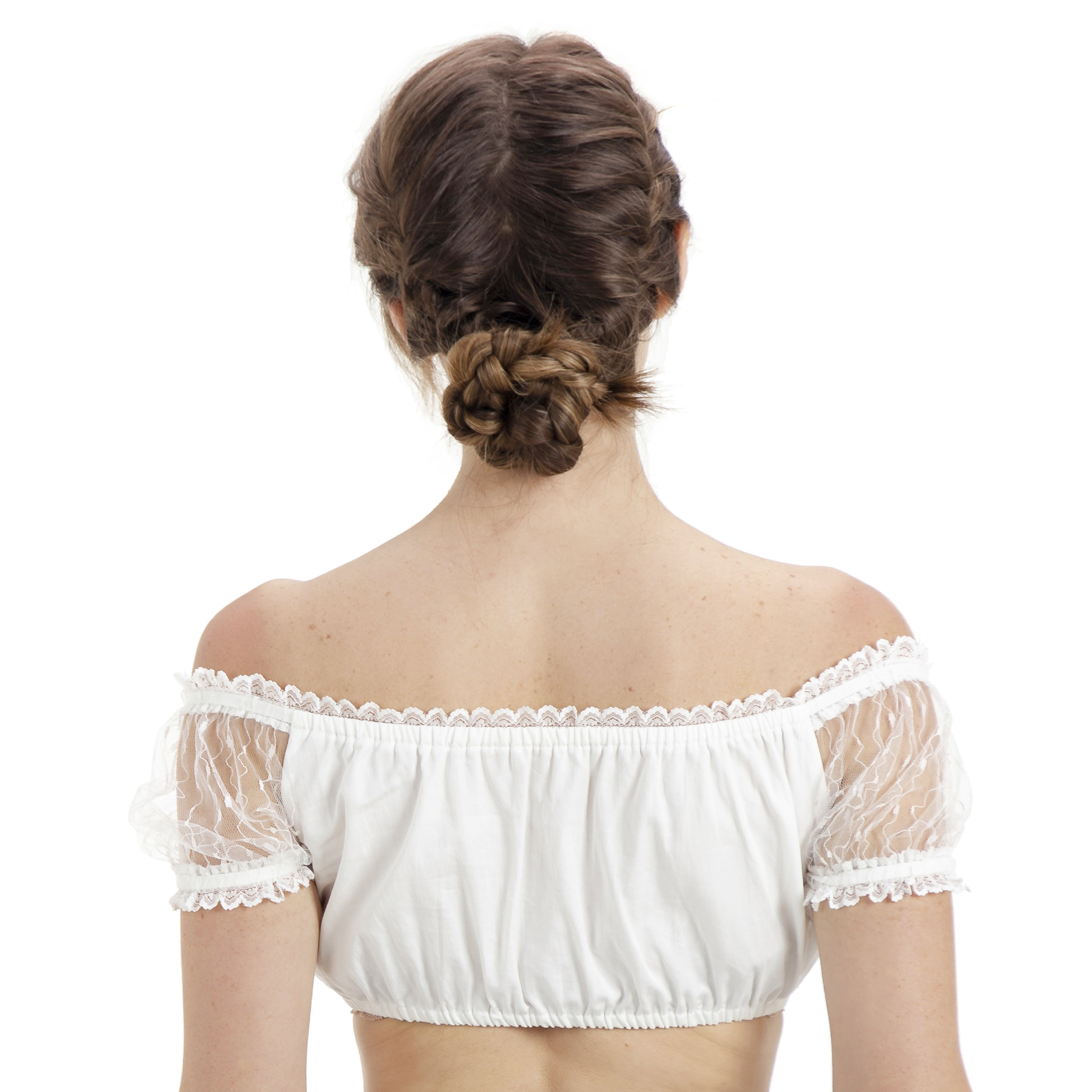 Damen Schulterfrei Dirndlbluse Kurzarm Spitzenbesatz Weiß 34-44(22JB83)