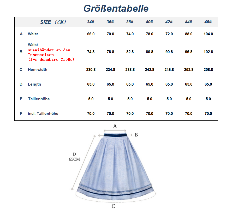 Kelliar Trachtenröcke Damen Knielang Röcke Trachtenrock Damen Modern Oktoberfest Trachten Rock Blau Größe 36-44（25KS50）