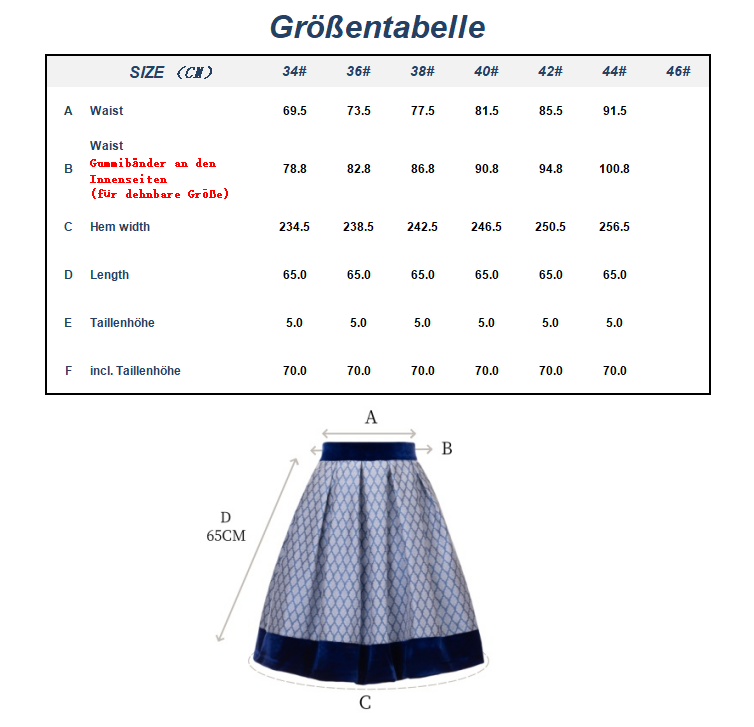 Kelliar Trachtenrock Damen, Trachtenrock Damen Knielang Klassischen DirndlRock für Oktoberfest Blau Modern, Größe 36-44（25KS54）