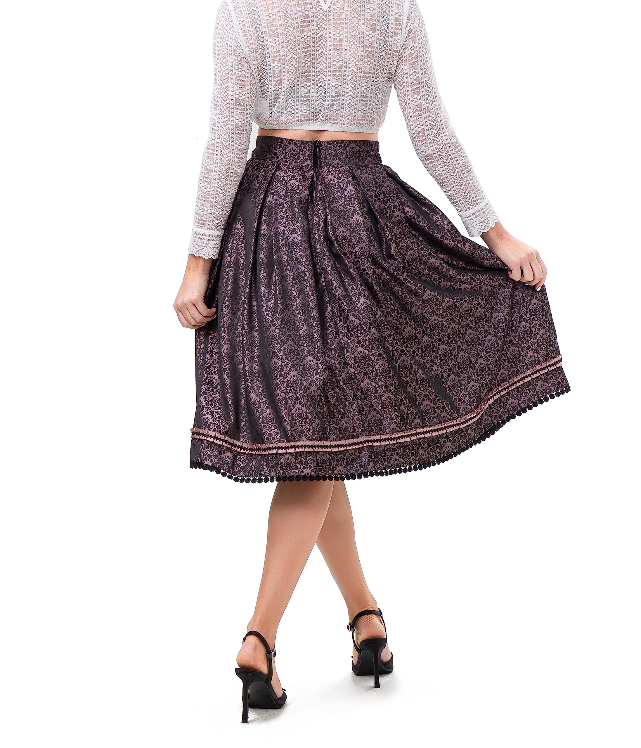 Kelliar Damen Trachtenrock Damen Unterröcke Vintage Knielang Röcke Elegent Oktoberfest Röcke Mit Spitze und Stickerei Rosa Dirndlkleid Größe 34-42（22JS03）