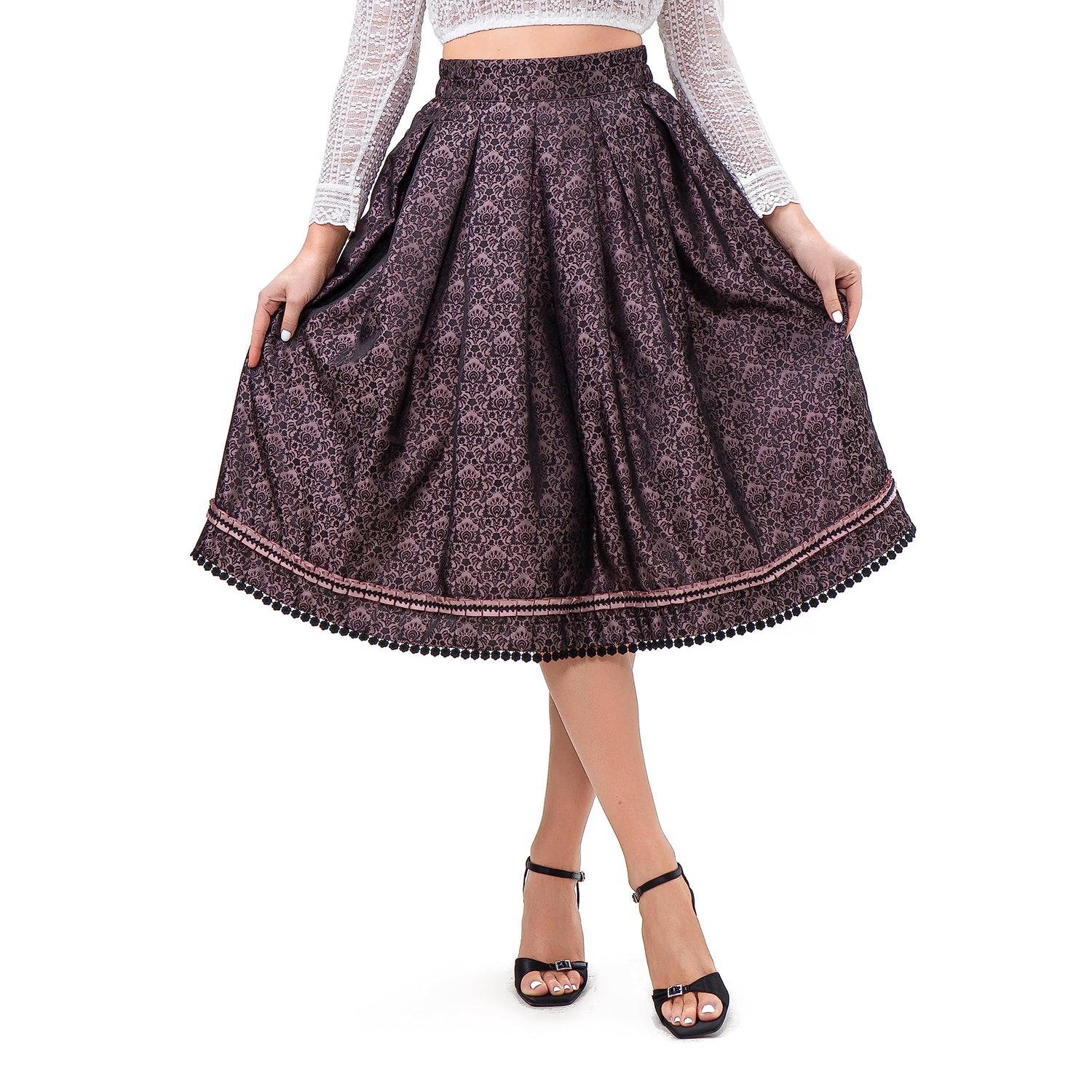 Kelliar Damen Trachtenrock Damen Unterröcke Vintage Knielang Röcke Elegent Oktoberfest Röcke Mit Spitze und Stickerei Rosa Dirndlkleid Größe 34-42（22JS03）