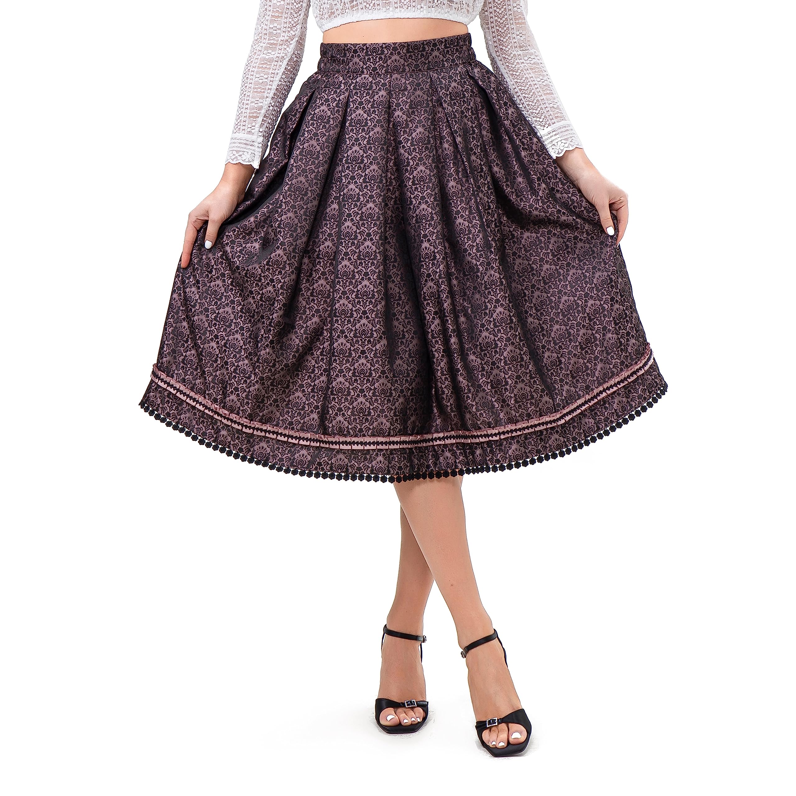 Kelliar Damen Trachtenrock Damen Unterröcke Vintage Knielang Röcke Elegent Oktoberfest Röcke Mit Spitze und Stickerei Rosa Dirndlkleid Größe 34-42（22JS03）