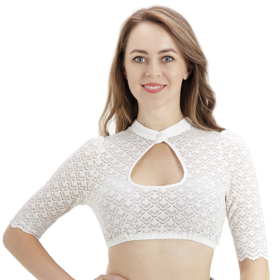 Damen Dirndlbluse Spitze Halbarm Trachtenbluse Weiß 32-46(21JB47)